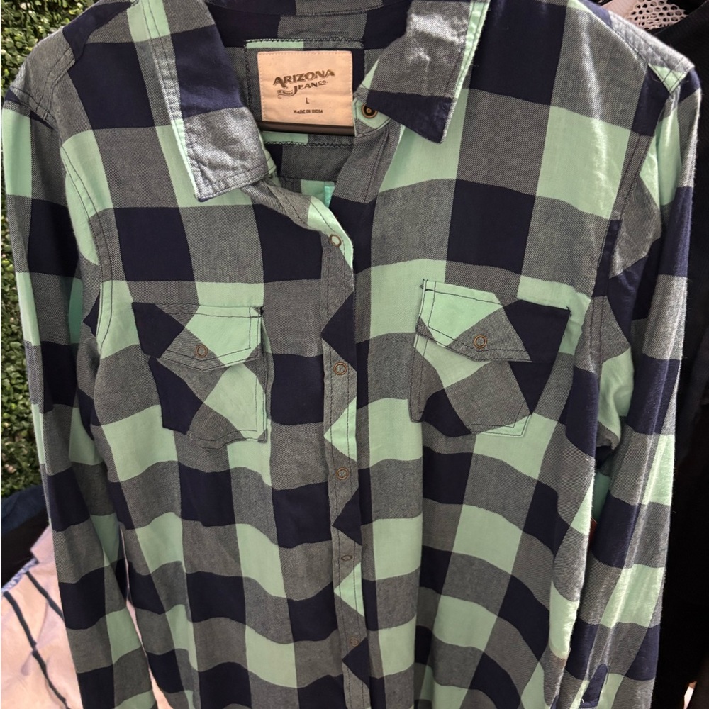 Arizona Jean Company Blue and Green Plaid Shirt